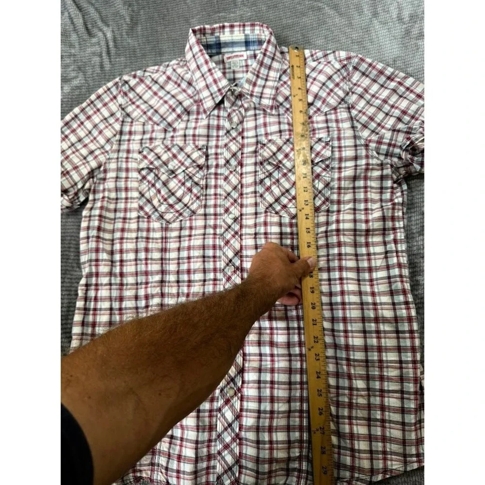 True‎ Religion Mens 2XL Western Pearl Snap Shirt Short Sleeve Plaid Red White.